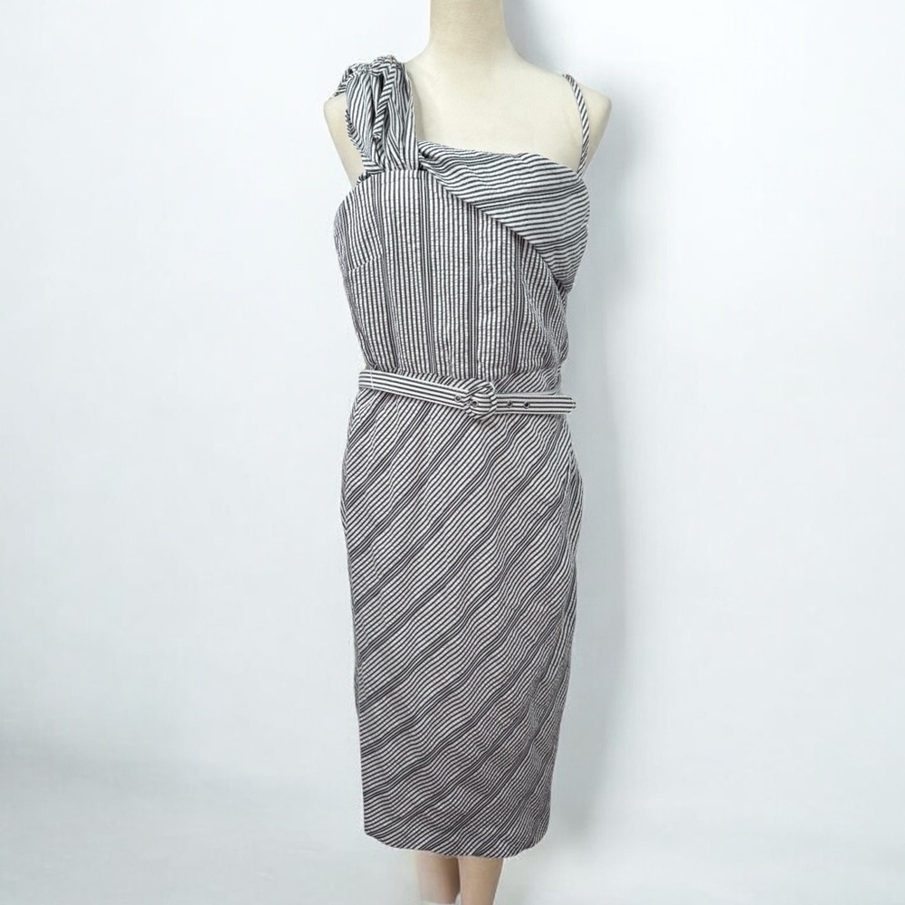 Maison Tara Dress Womens 14 Black White Striped Cinched One Shoulder Belted Midi